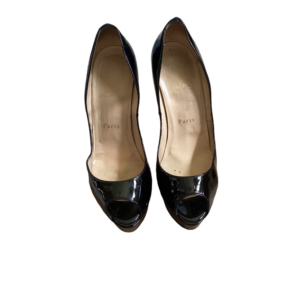 Christian Louboutin Black Patent Leather Peep-Toe Heels aka Lady Peep Size 38/8